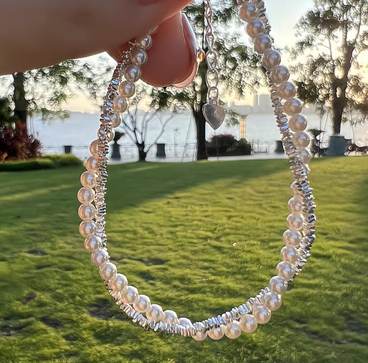 Shimmering Silver Chips & 4A Aurora No-Nucleus Pearl Bracelet