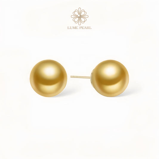 High Luster Natural South Sea Golden Pearl Stud Earrings – 18K Yellow Gold, Classic Fine Jewelry