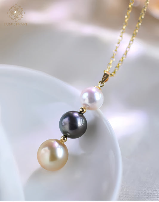 3A Tri-Color South Sea Pearl Necklace – Golden, Tahitian Black & White Pearls, 3-Pearl Statement Jewelry