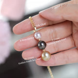 3A Tri-Color South Sea Pearl Necklace – Golden, Tahitian Black & White Pearls, 3-Pearl Statement Jewelry