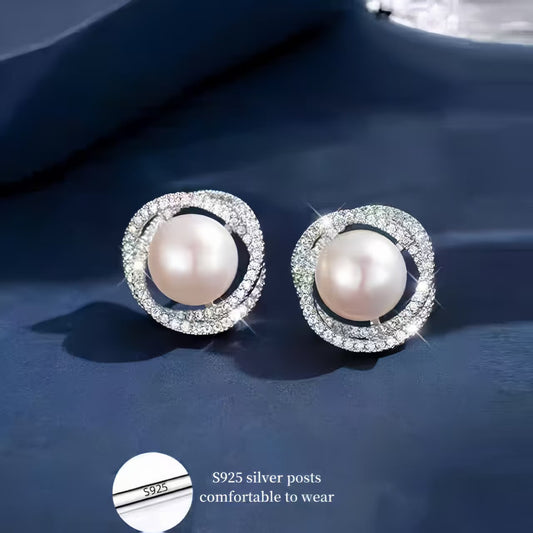 4A Grade High-Luster Round Natural Freshwater Pearl Bird’s Nest Earrings — S925 Sterling Silver Posts